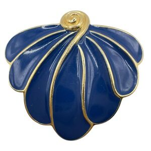 Vintage Trifari Brooch Enamel Shell Leaf Pin 1970's-1980's Gold tone & Navy Blue